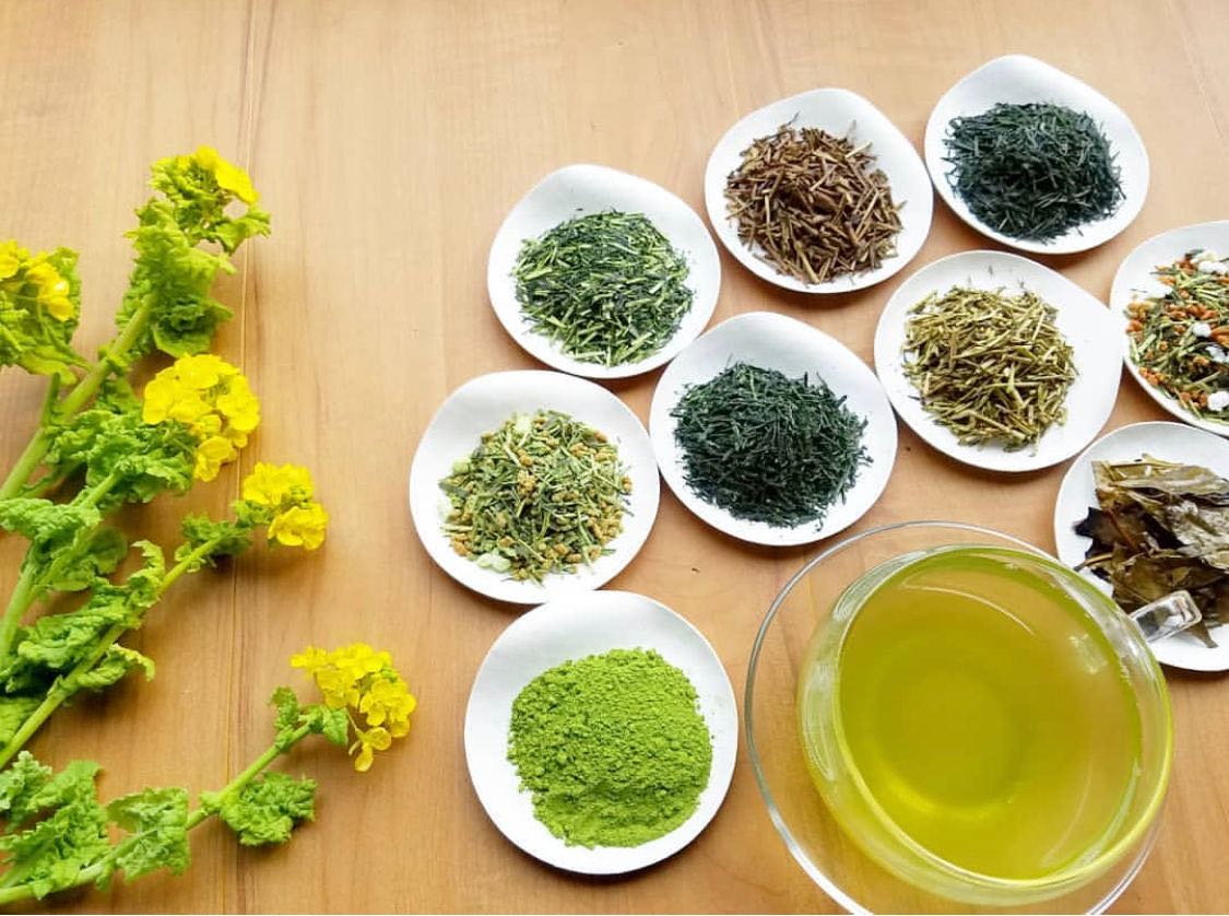 An assortment of the house's loose leaf teas arranged on small white plates beside a cup of green tea